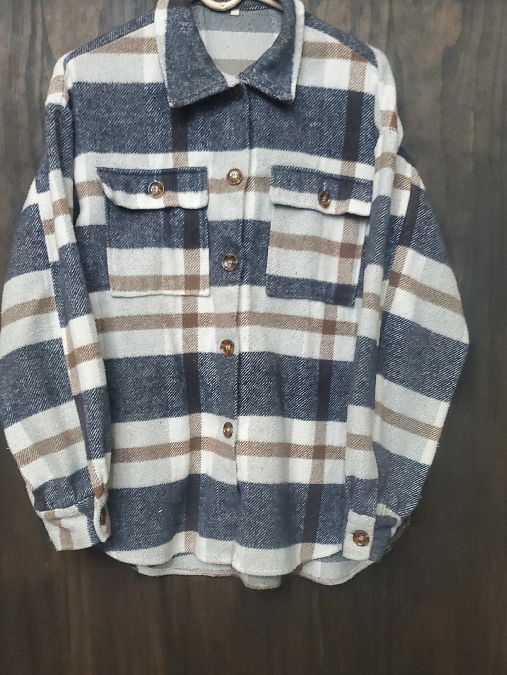 Plaid Button-Front Shacket in Blue, White, and Brown